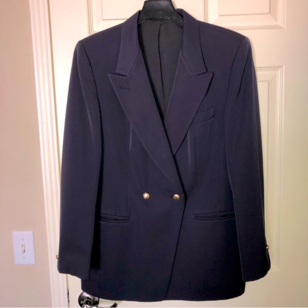 Navy Blue Wool-Blend Double Breasted Blazer with Gold Buttons vintage aesthetic